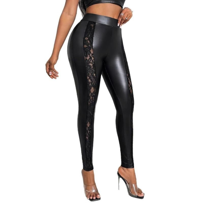 Lace Panel Faux Leather Leggings for Women — High Waisted with Sheer Floral Inserts