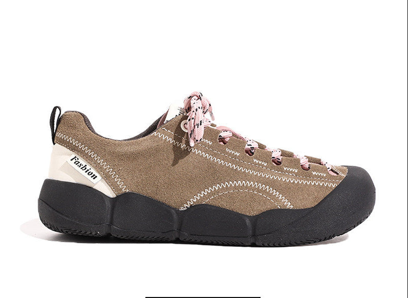 Khaki platform hiking shoes with pink lace-up top and black thick sole