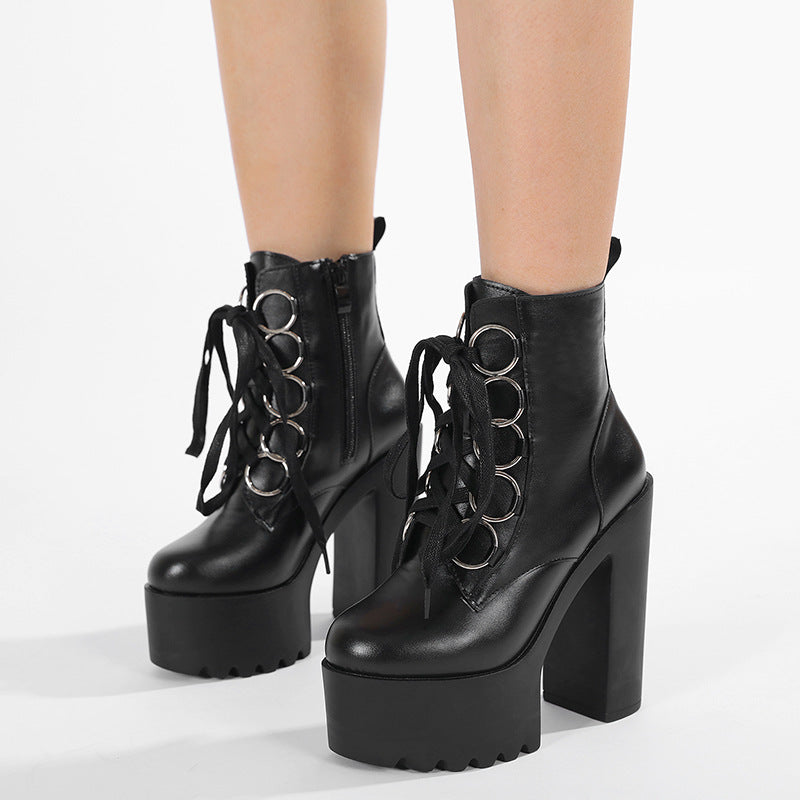 Lace Up Platform Boots for Women — Chunky Block Heel with O Ring Eyelets in Faux Leather