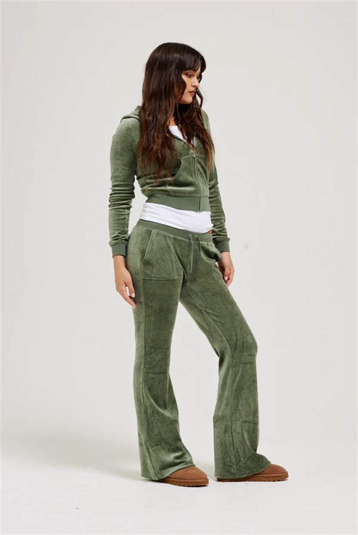 Olive green zip-front velour cardigan jacket and wide-leg drawstring pants set