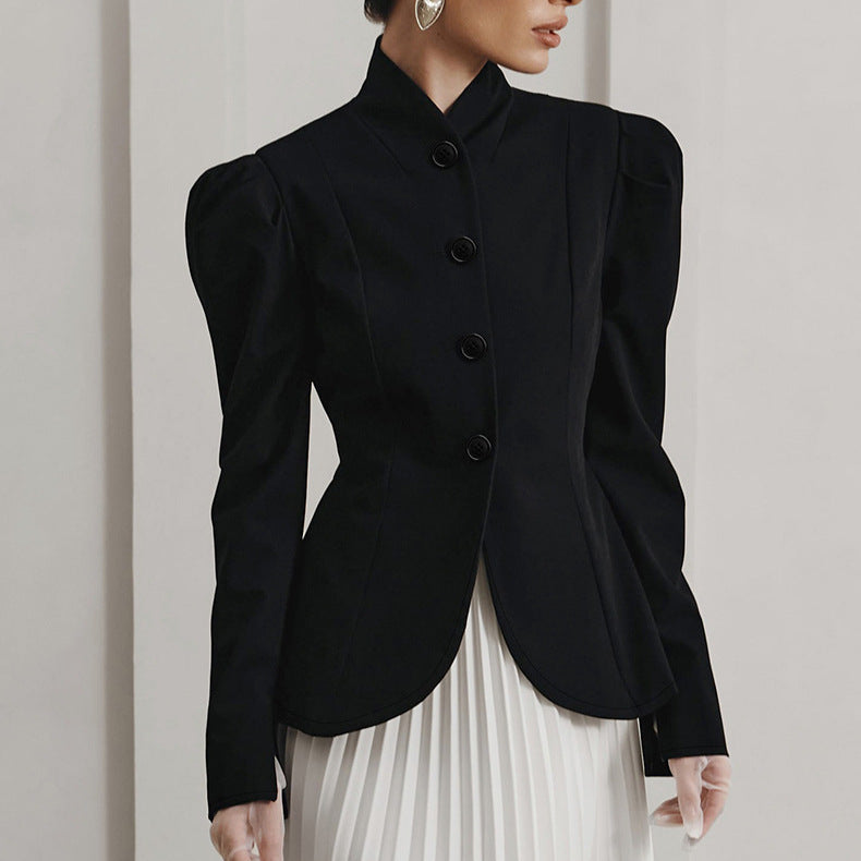 Fitted Blazer for Women — Stand Collar Puff Sleeve Jacket in Wool Blend