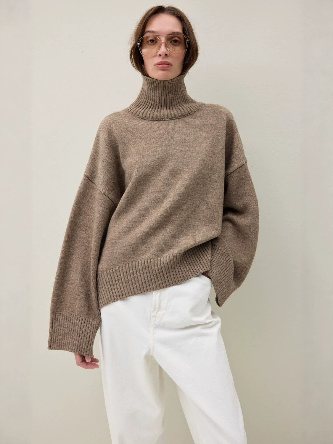 Oversized Turtleneck Sweater for Women — Chunky Knit Pullover with Drop Shoulders in Wool