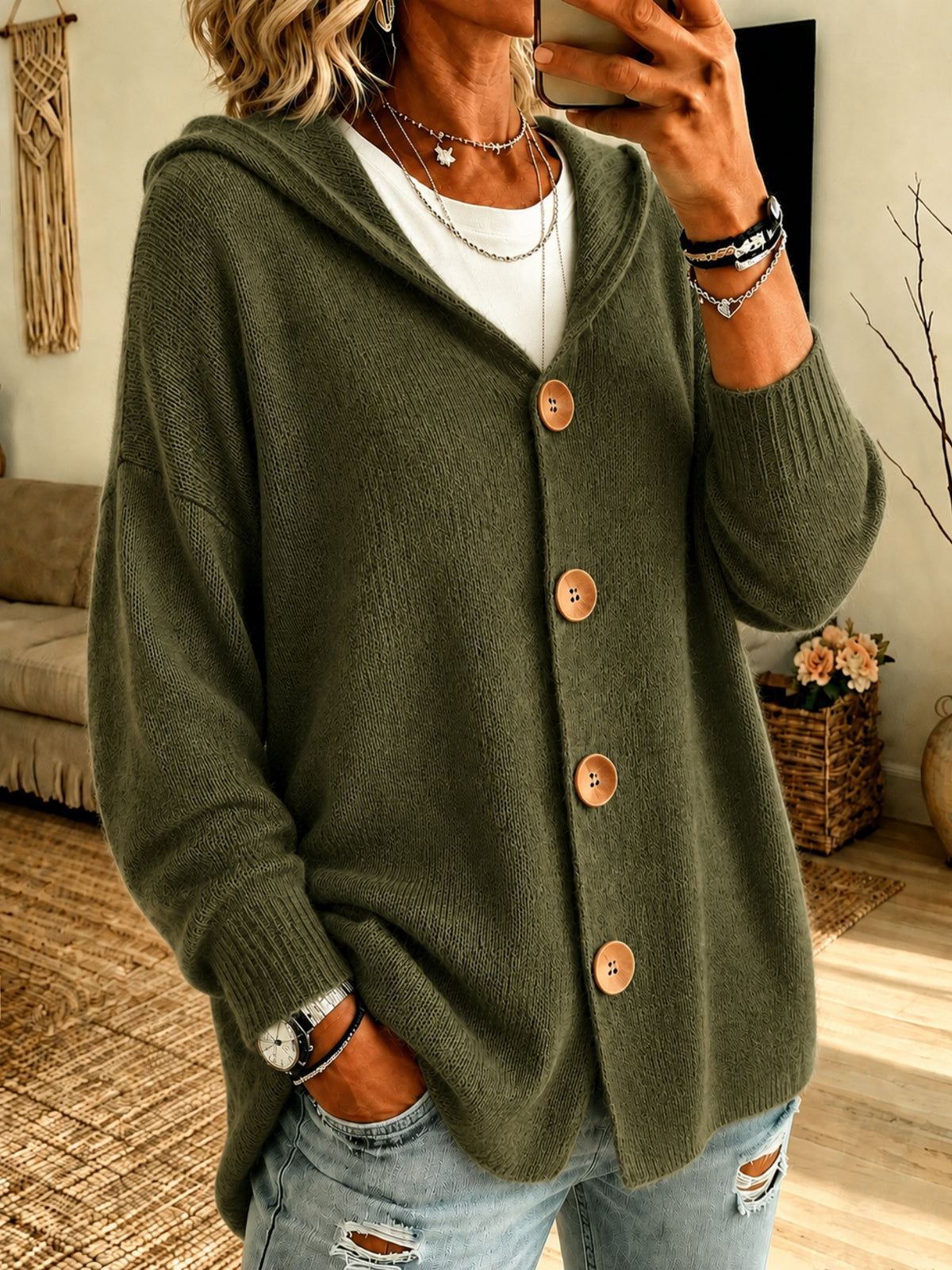 Hooded knitted button-down cardigan sweater in army green, long sleeves