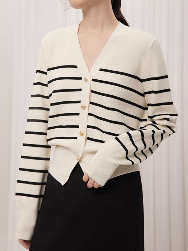 Women’s cream V-neck knit sweater with black horizontal stripes, button-front cardigan
