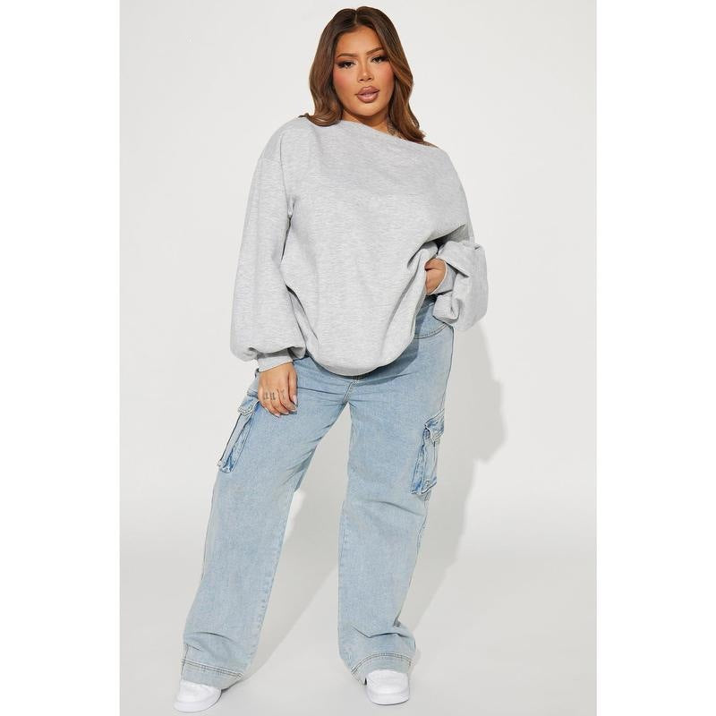 Off Shoulder Sweatshirt for Women — Oversized Slouchy Fit with Balloon Sleeves in Soft Fleece