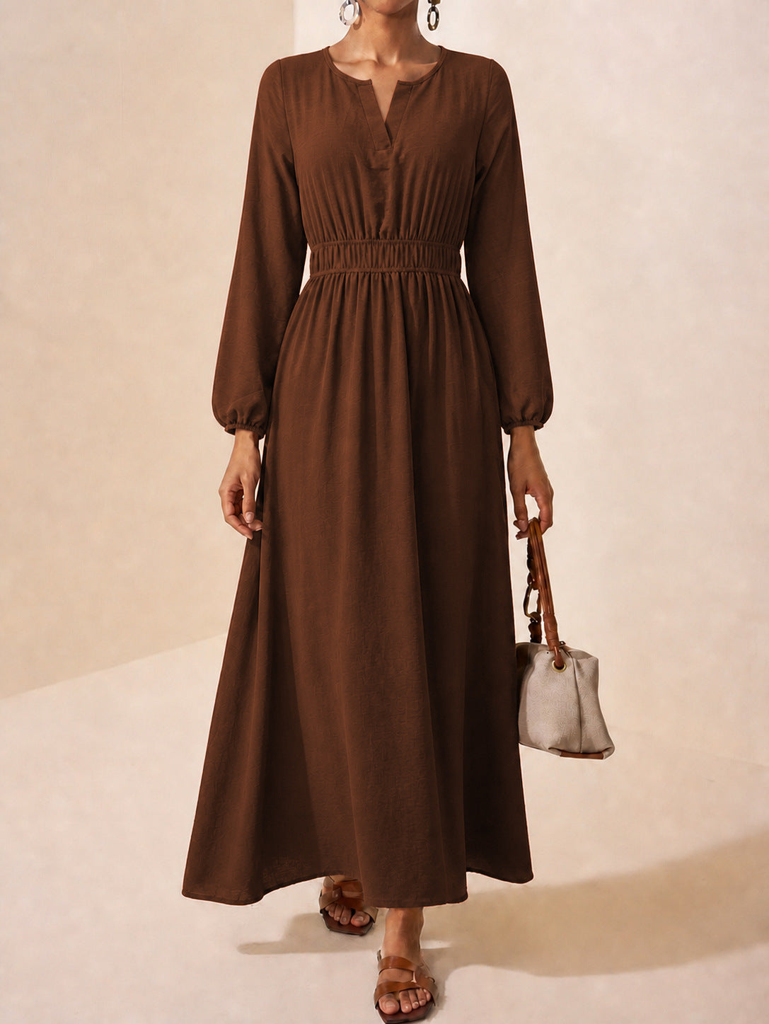 Long Sleeve Maxi Dress — Split Neck Smocked Waist with Lantern Cuffs in Viscose