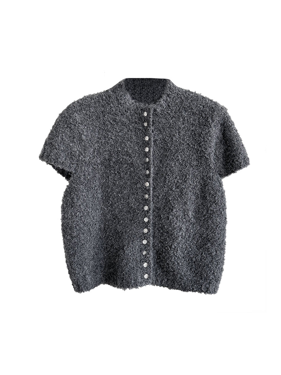 Dark gray short-sleeve plush cardigan top with white button front