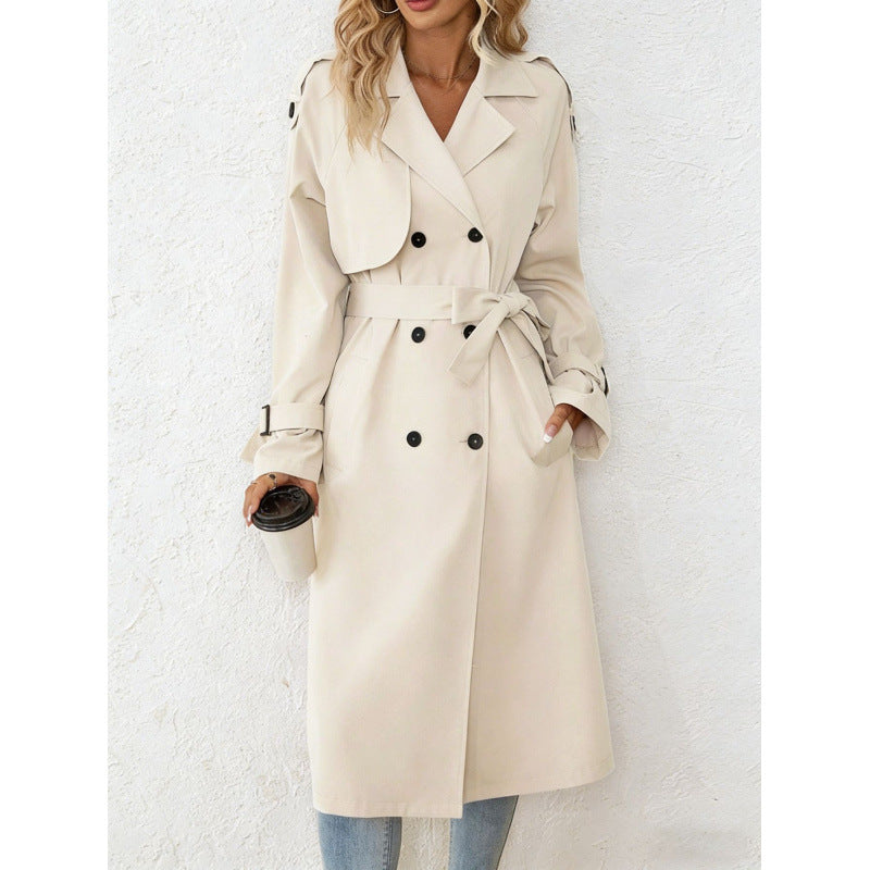 Long Trench Coat for Women — Classic Double Breasted Belted Style in Cotton