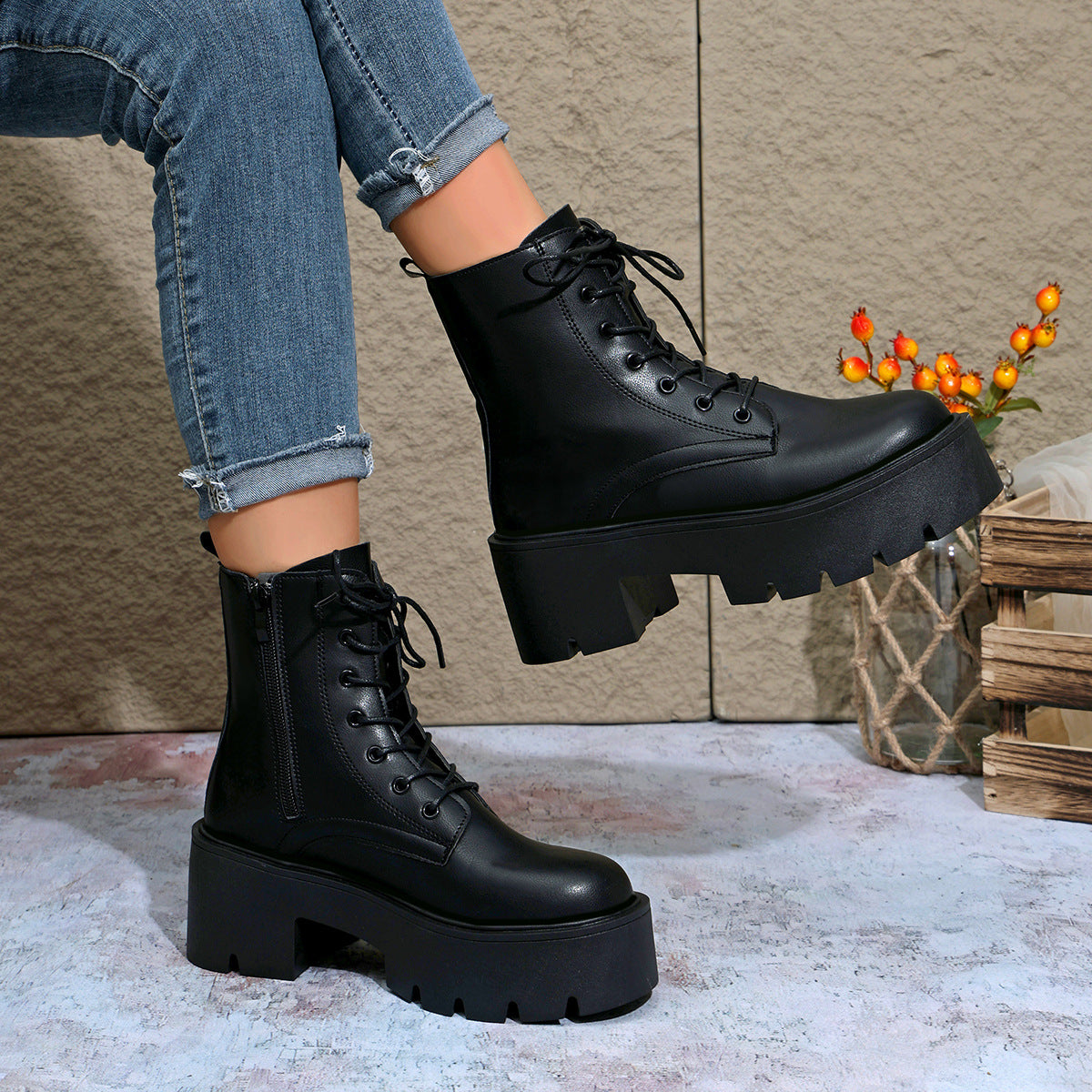 Combat Boots for Women — Chunky Lug Sole Platform Ankle Booties in Faux Leather
