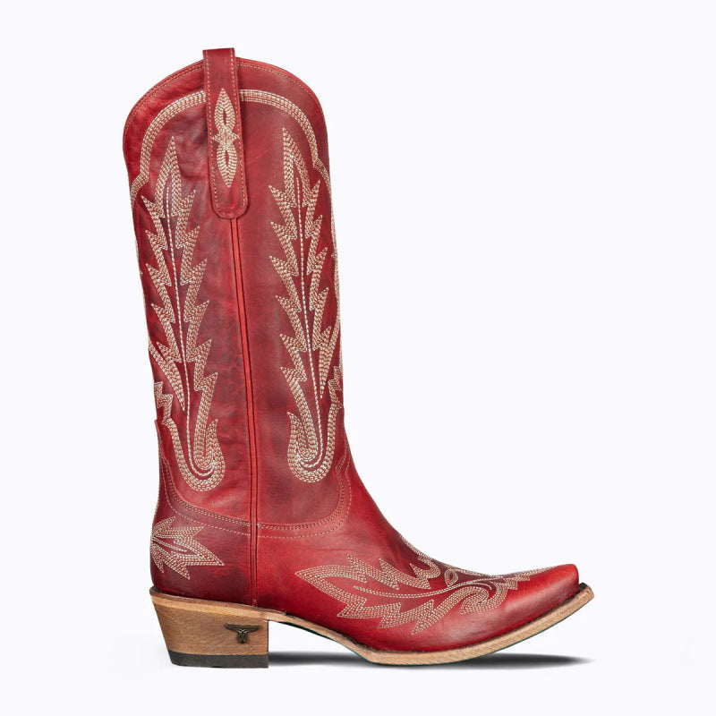 Women's red cowboy boots with embroidered pattern and medium block heel, pull-on style
