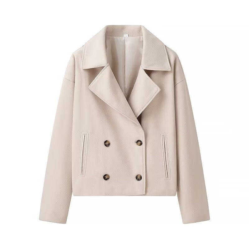 Off-white double-breasted short wool jacket with notch lapels and gold buttons