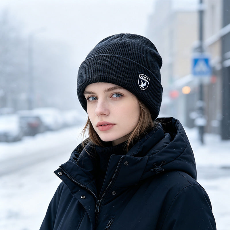 Fleece-lined knit beanie hat, dark navy, ribbed cuff with small front logo patch