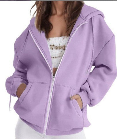 Light purple zip-up hoodie jacket with hood, drawstring, and front pockets.