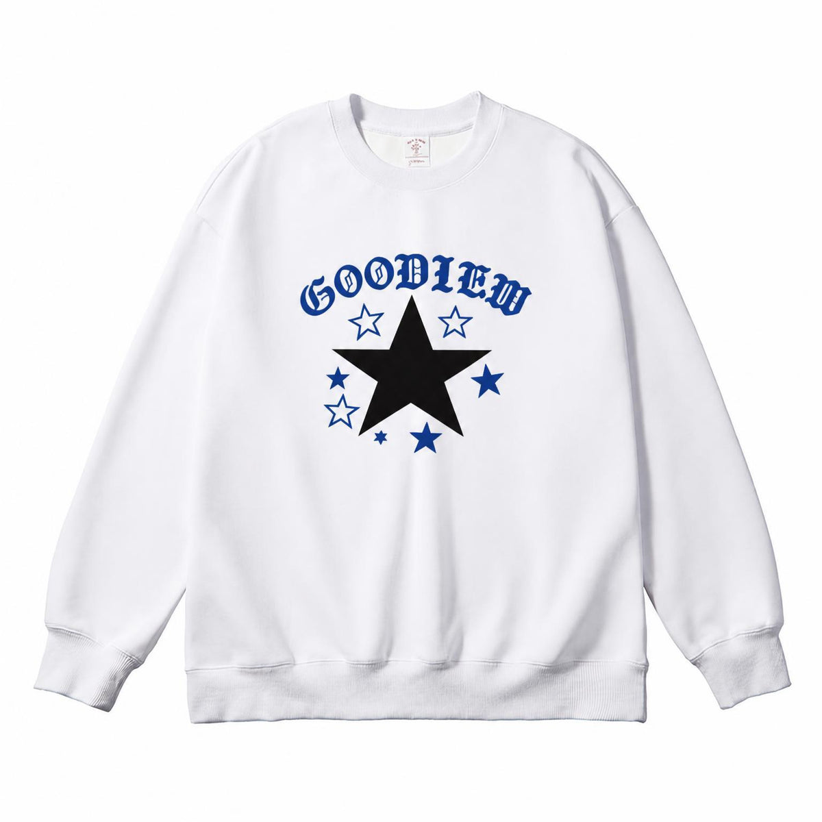 White crewneck sweatshirt with star logo graphic on front, long sleeves