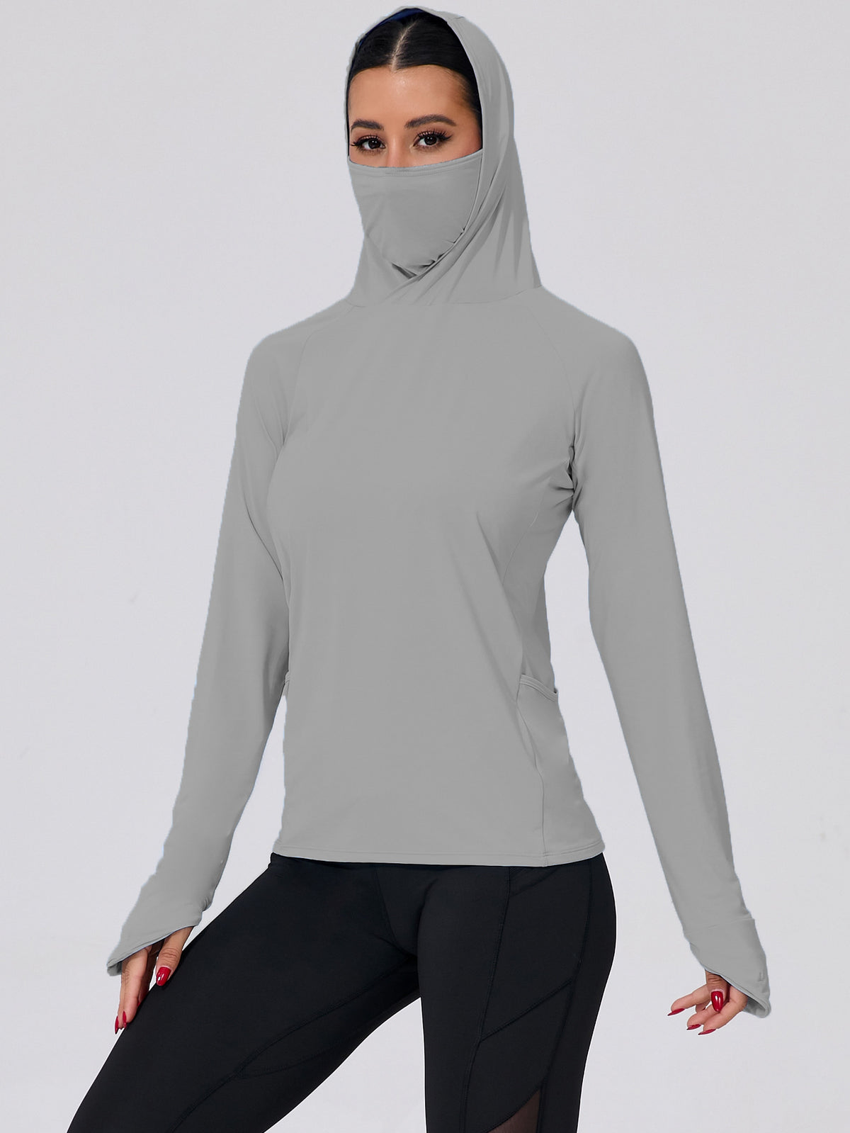 Gray women’s UPF hooded sun jacket with face-covering neck, long sleeves