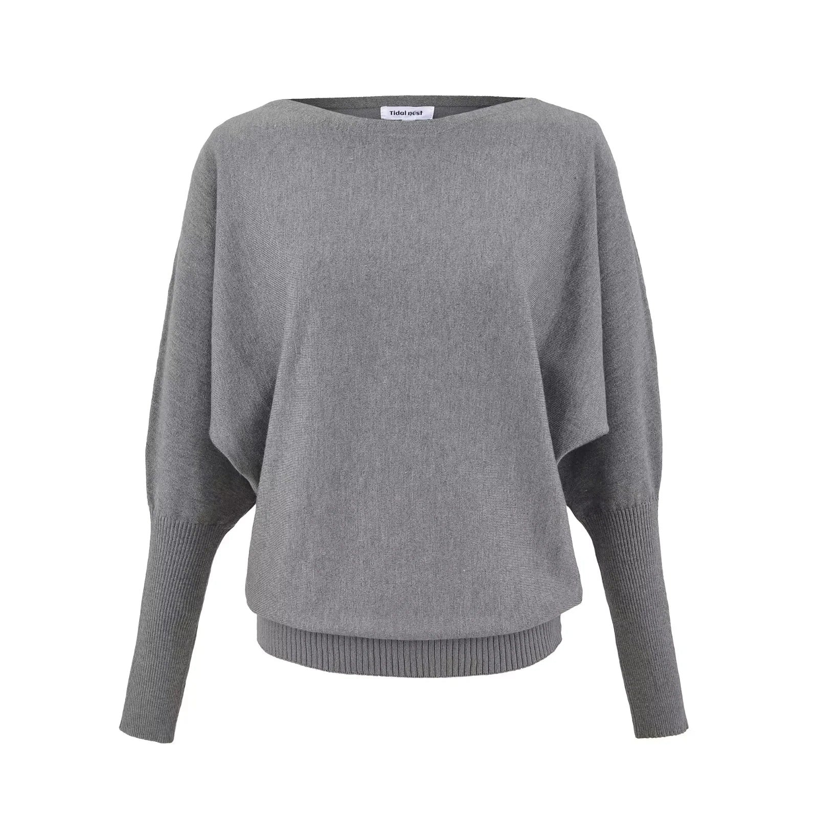 Gray knitted off-shoulder sweater with ribbed cuffs and hem