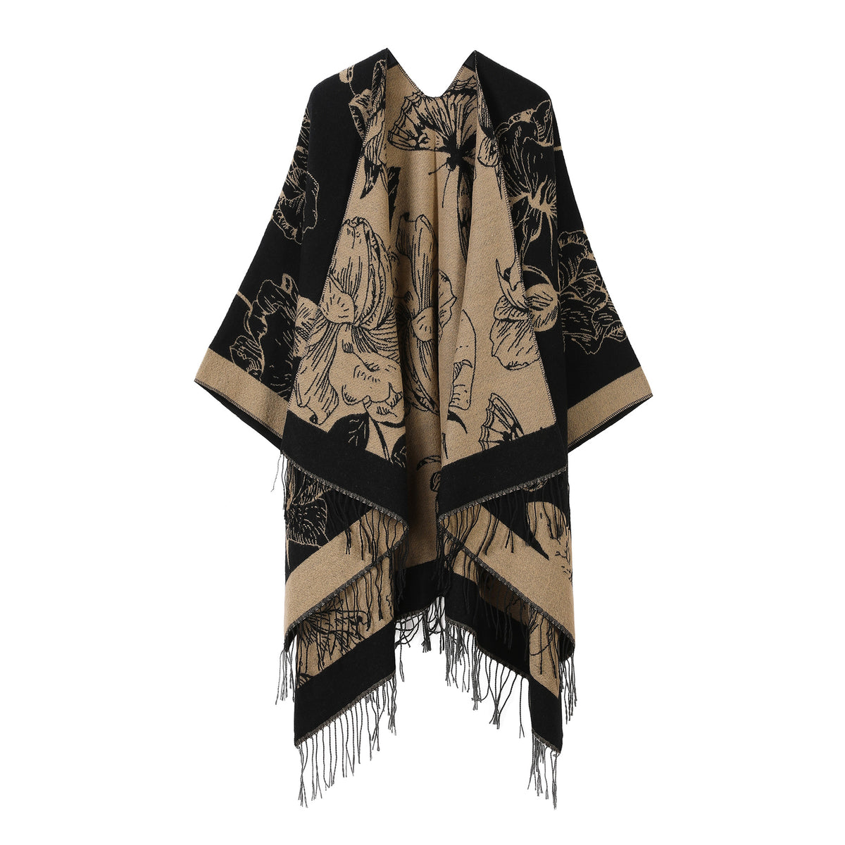 Black and beige illustrated print double-sided split cape shawl with fringe