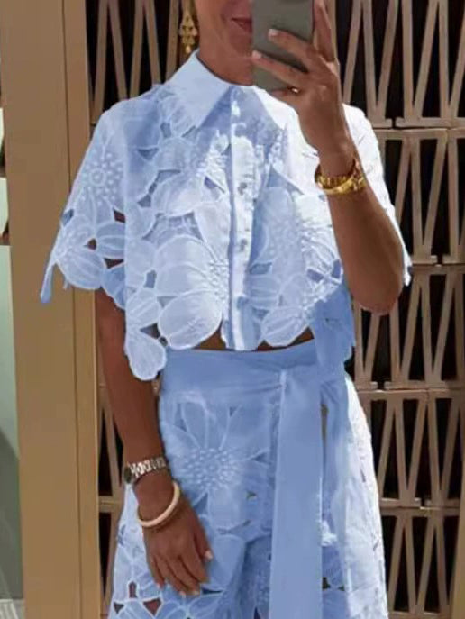 Blue lace cropped blouse with floral cutwork, button front, short sleeves