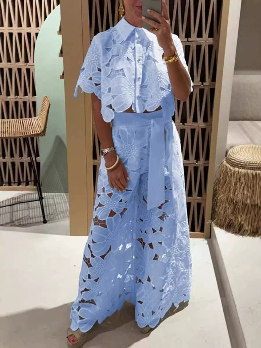 Blue lace cropped button-front blouse with floral cutwork short sleeves