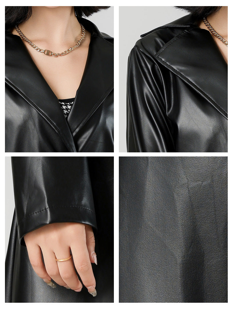 Faux Leather Trench Coat for Women — Long Belted Duster with Notch Lapels