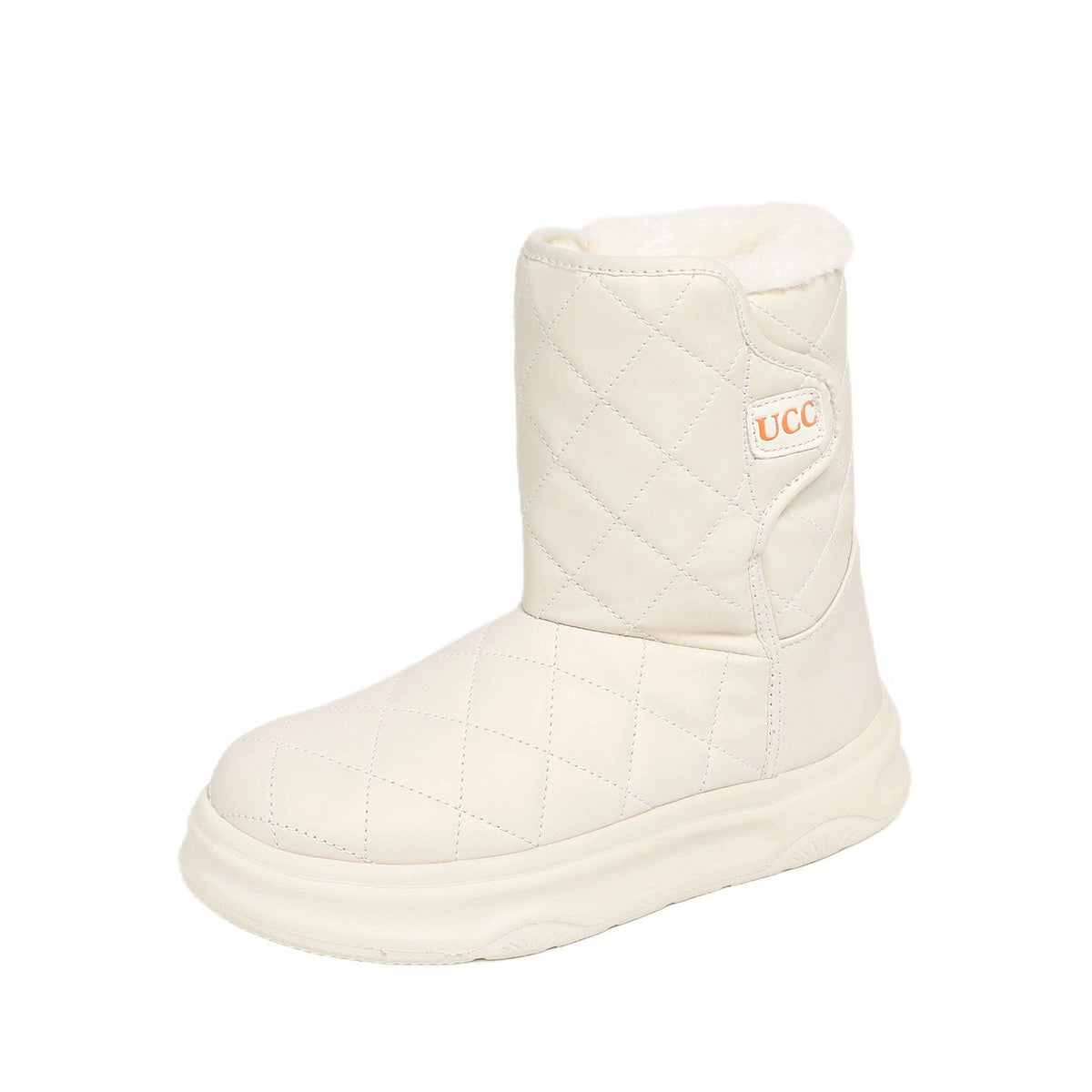Women’s snow boots, cream quilt mid-calf with fleece collar and UCC logo patch