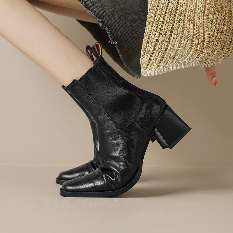 Black Chelsea ankle boots, square toe, thick block heel, pull-on elastic sides