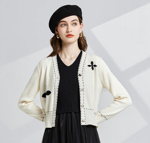 Cropped Cardigan for Women — Contrast Stitch Floral Motif Style in Ribbed Knit
