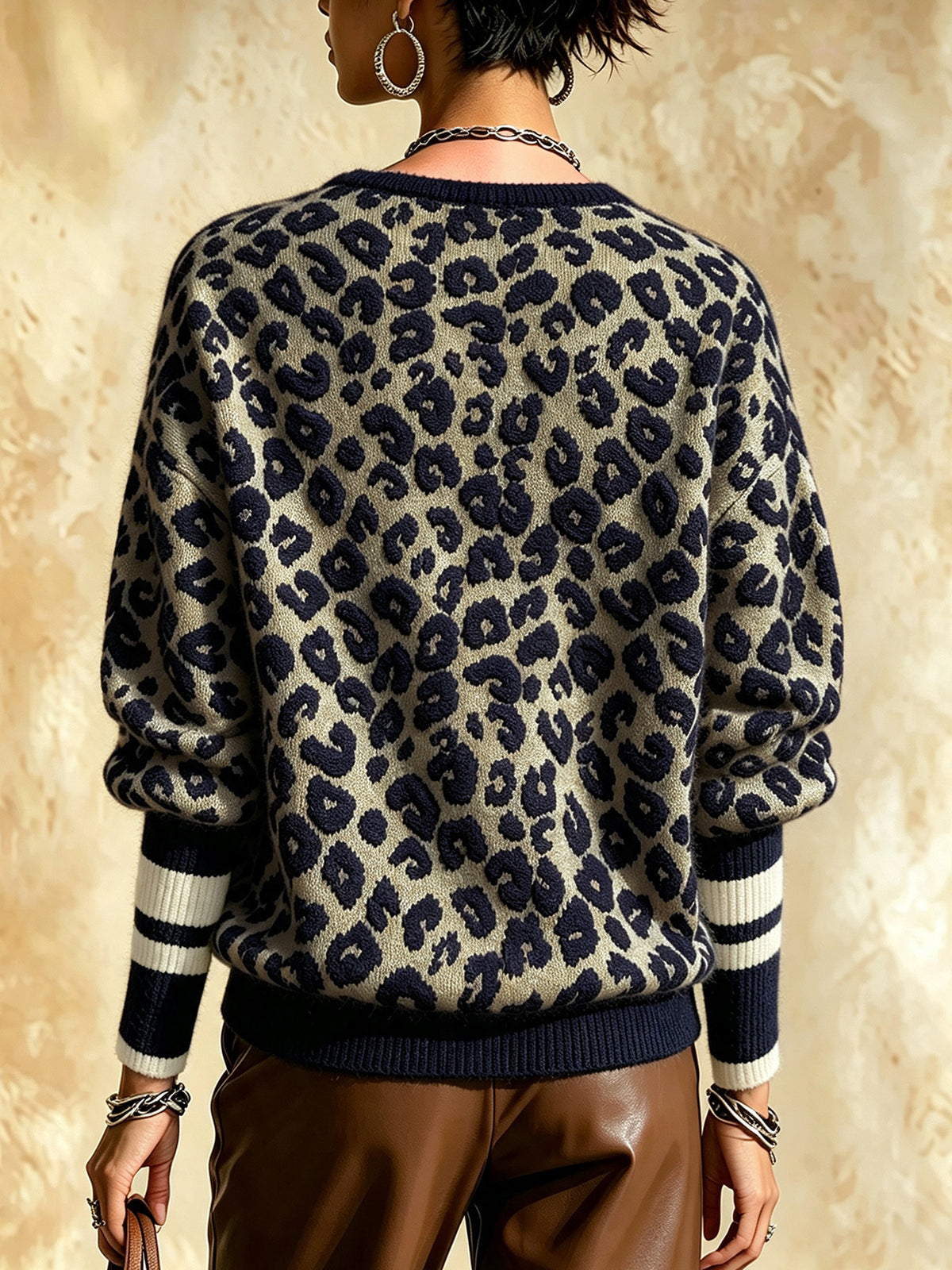 Leopard print V-neck back knit sweater with striped cuffs and ribbed hem
