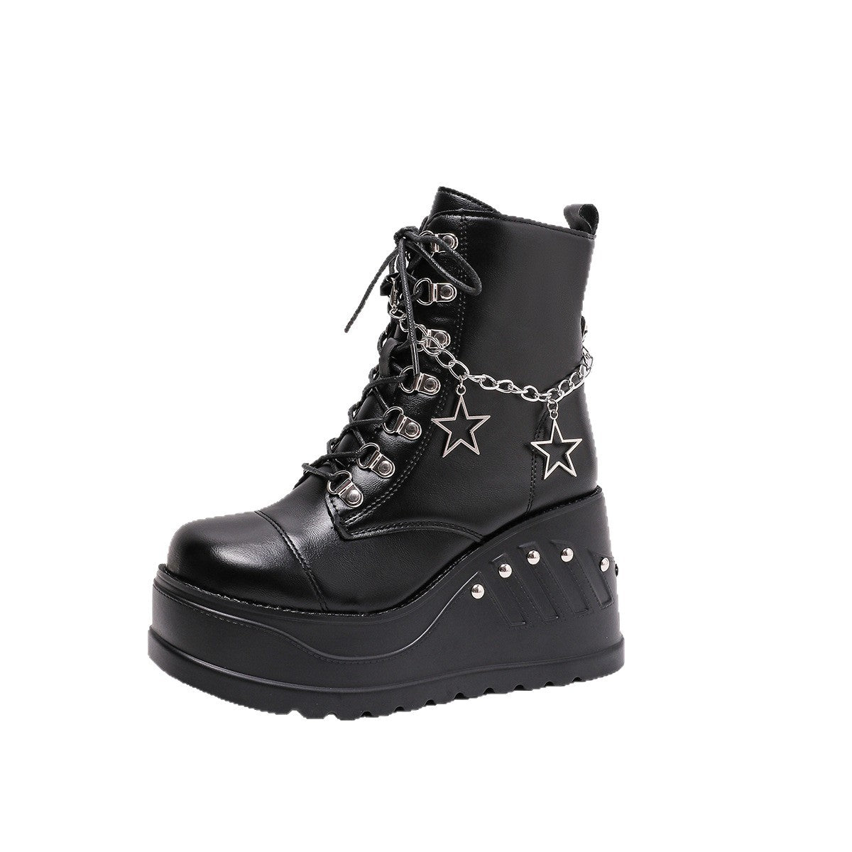 Platform Lace Up Boots for Women — Chunky Wedge Combat Booties in Faux Leather