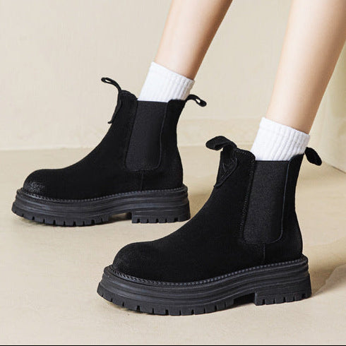 Women’s chunky platform chelsea boots in faux suede, black with cuff socks