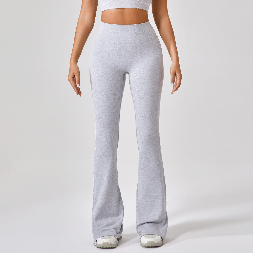 High-waist yoga bell pants, heather gray with side slit and contrast piping