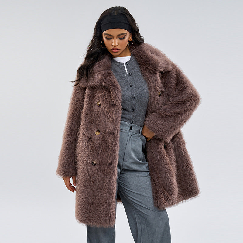 Long faux fur coat, taupe-brown, open front with gold buttons and shawl collar