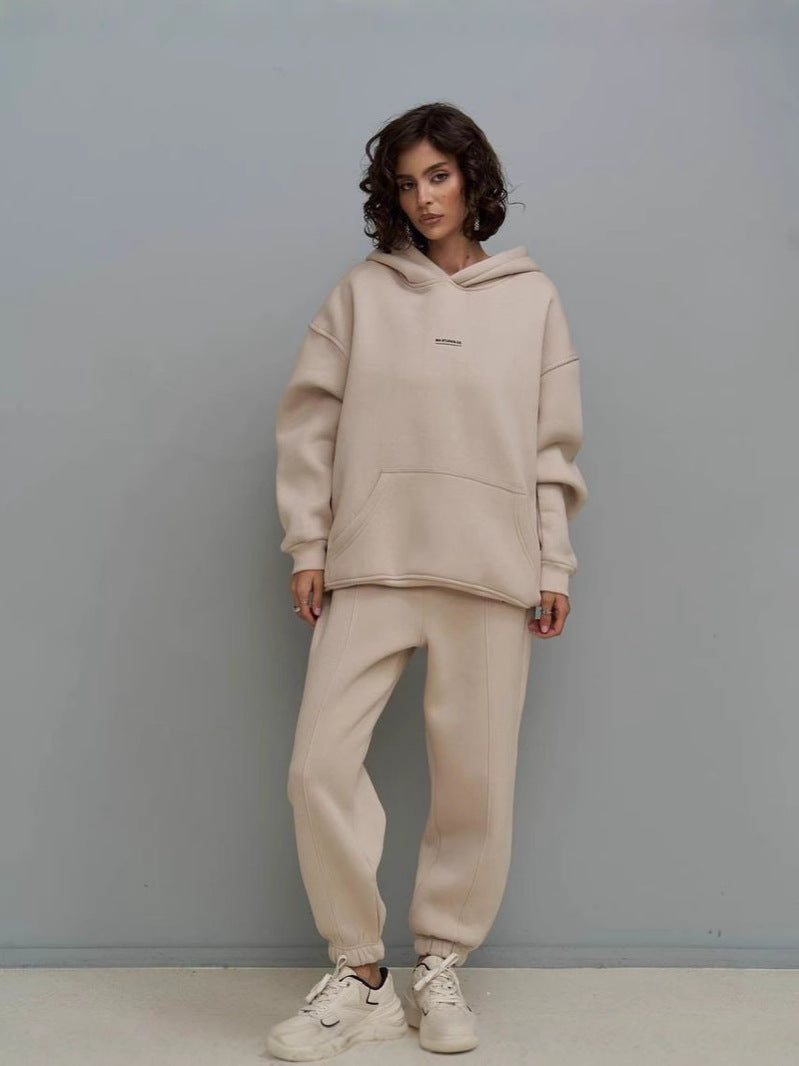 Beige hooded sweatshirt and matching jogger pants set with drawstring hood