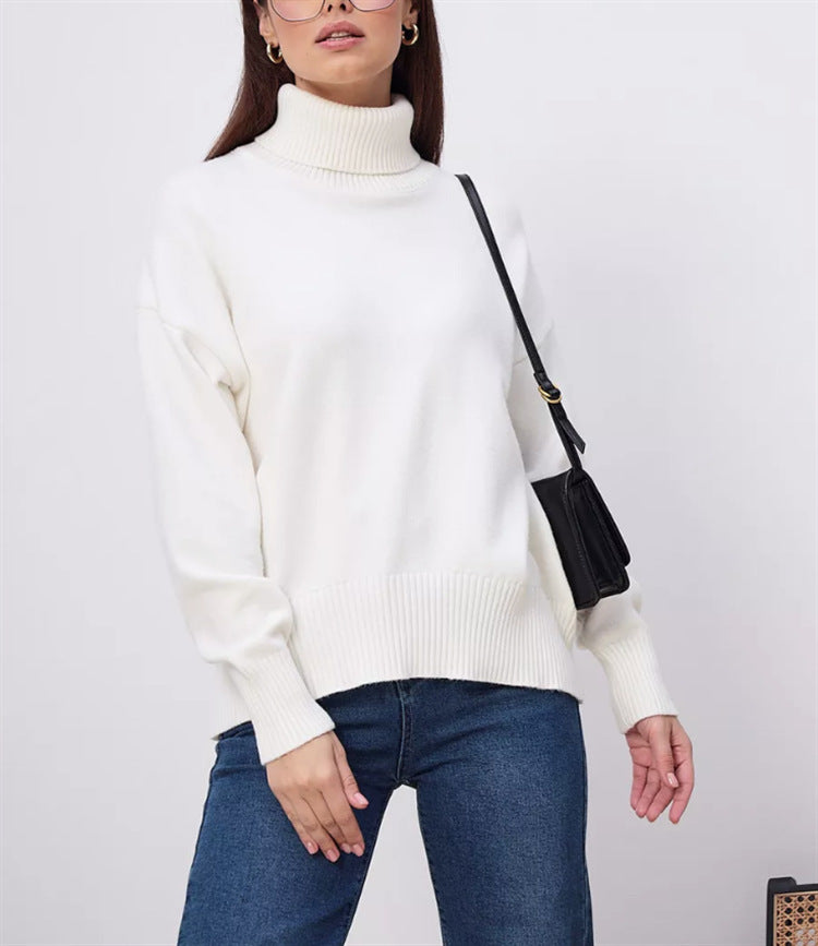 Thick knit turtleneck sweater, loose fit, white