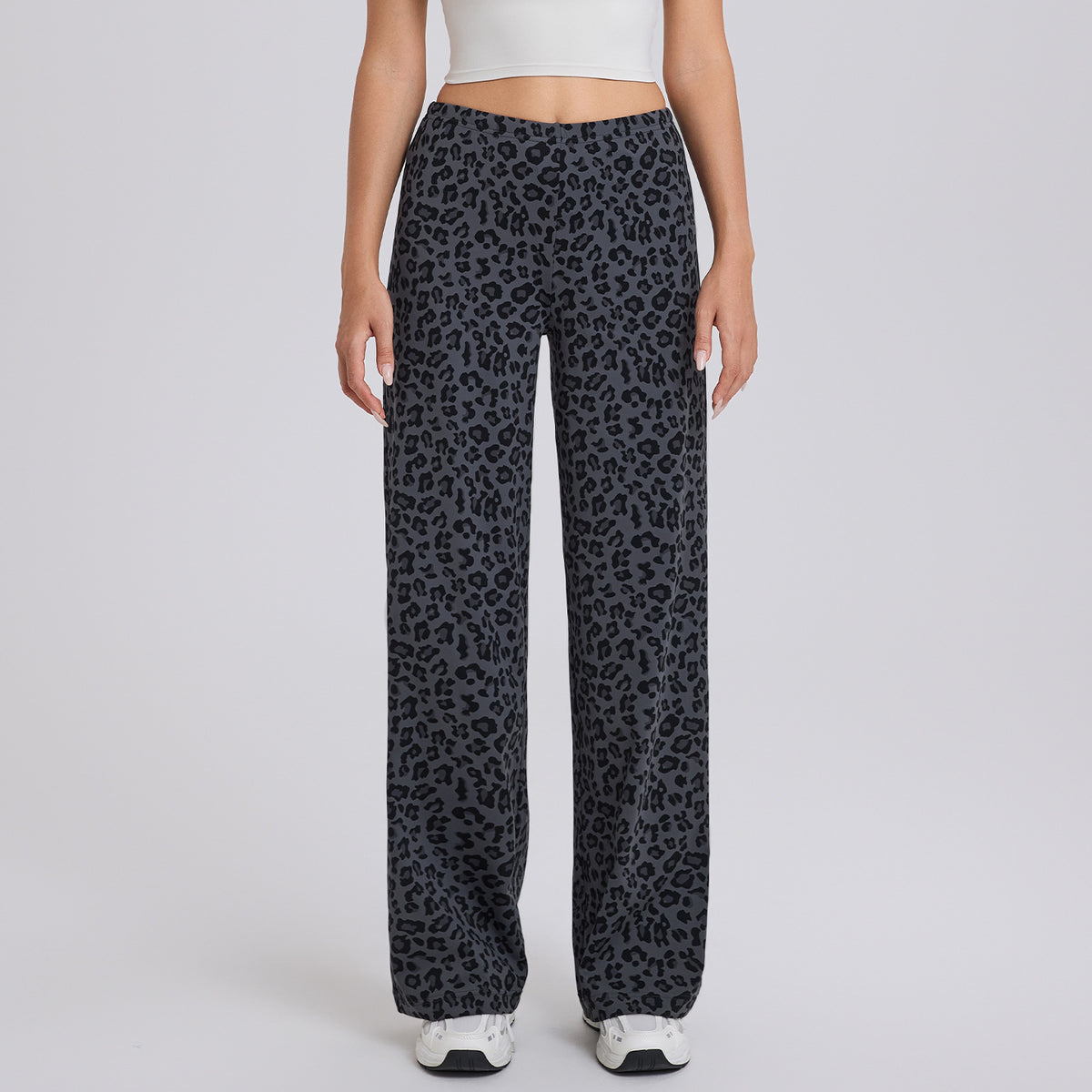 Charcoal leopard print straight-leg pants with high-rise elastic waist