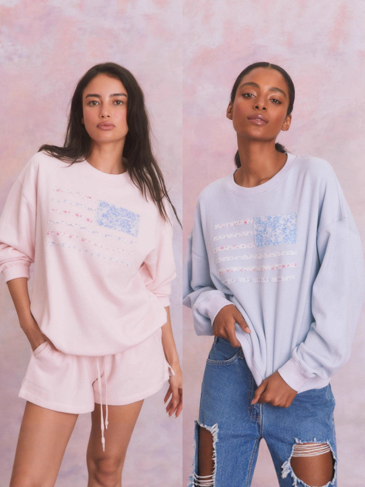 Pink crewneck velvet sweatshirt with long sleeves and Independence Day flag graphic print