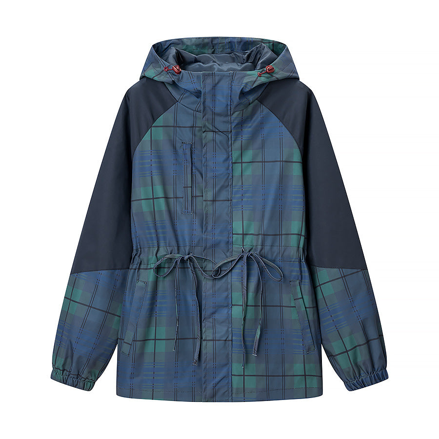 Dark blue hooded windbreaker jacket with stand collar, green plaid front, drawstring waist
