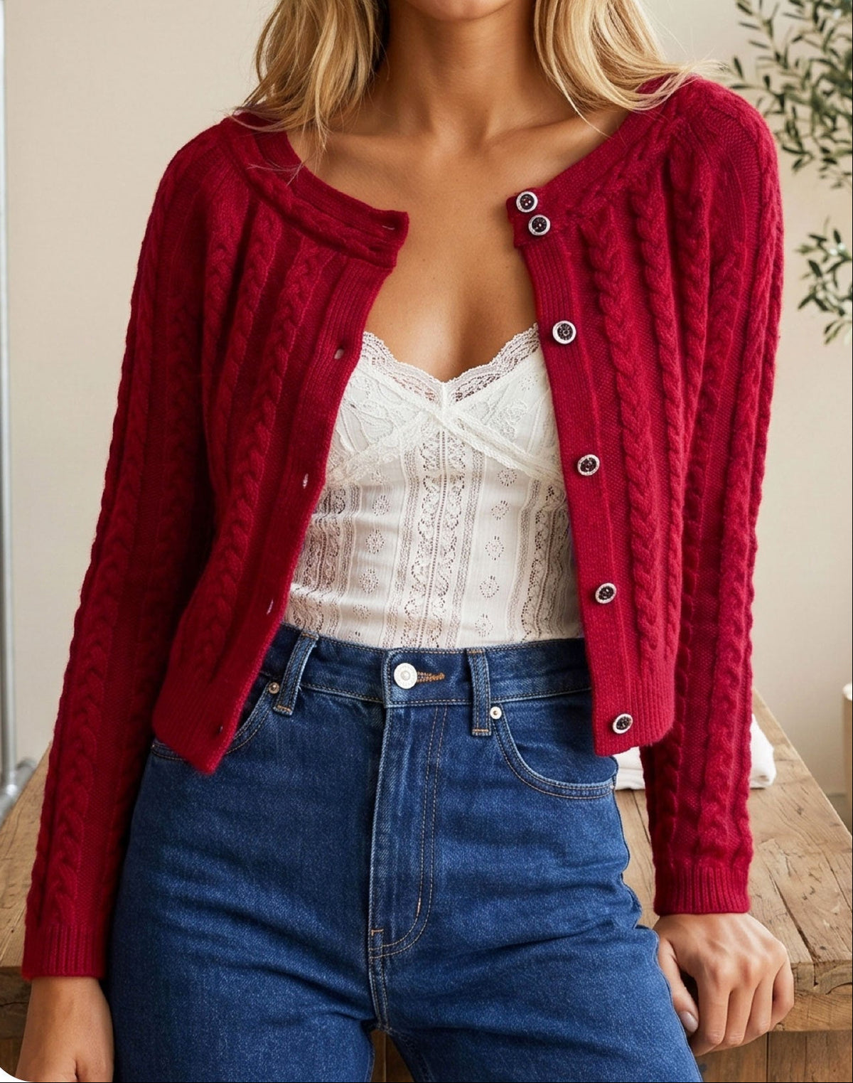Women’s red cable knit cardigan, round neck, button-front with long sleeves