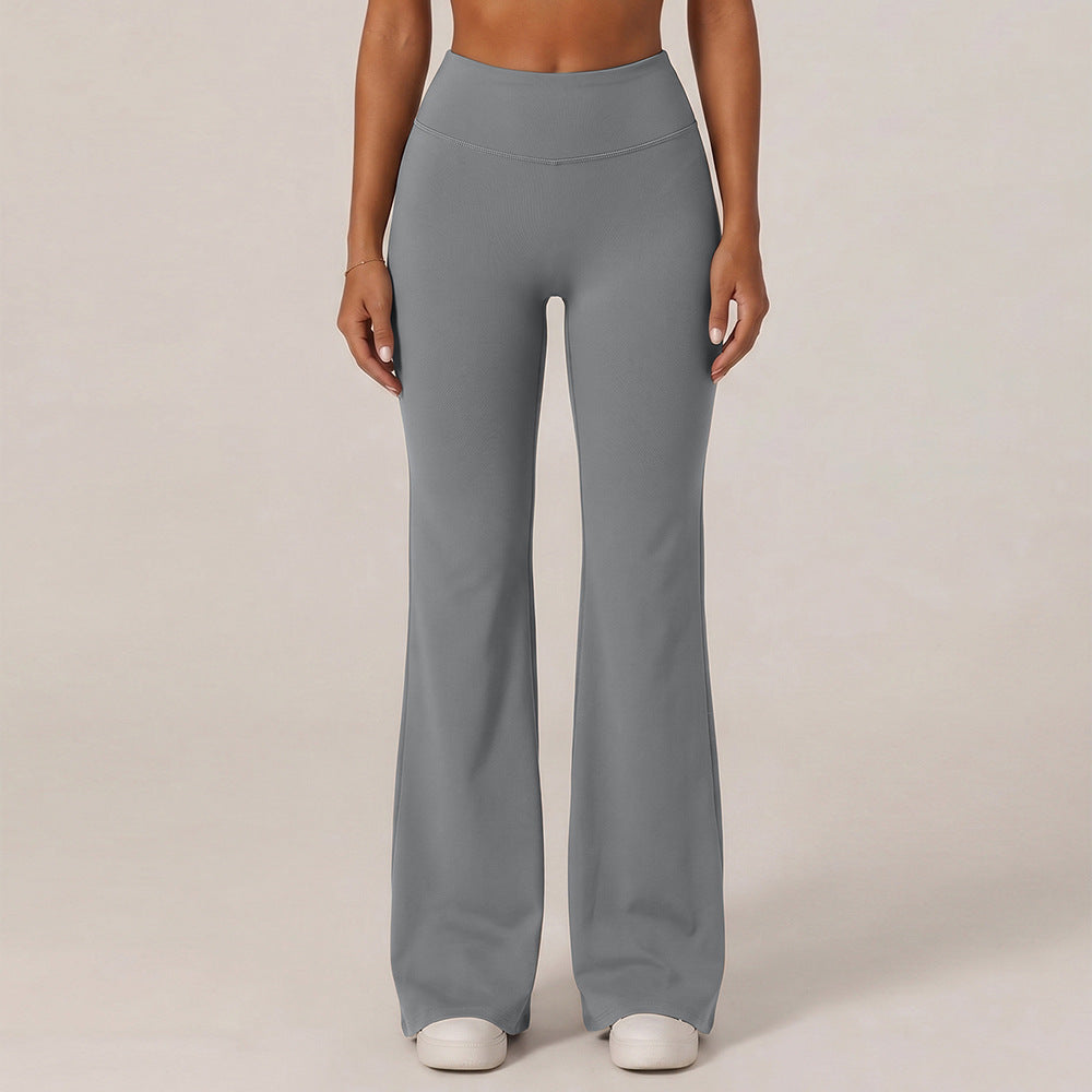Light gray high-waisted wide-leg yoga pants with straight leg and smooth waistband