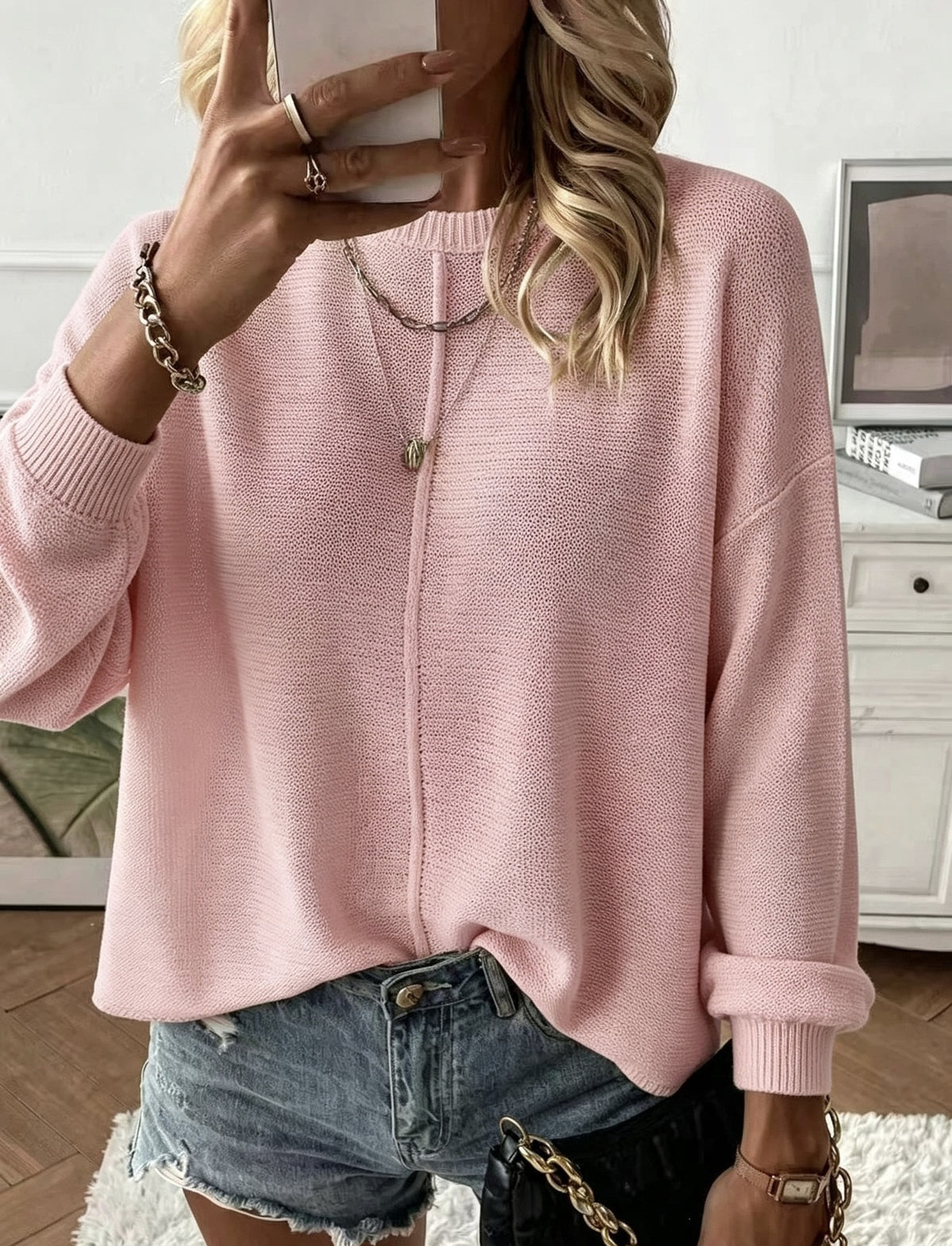 Oversized Knit Sweater for Women — Round Neck Drop Shoulder Pullover in Soft Cotton