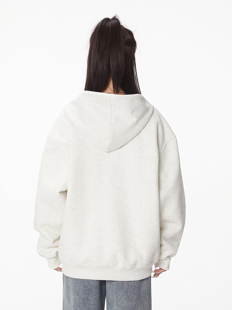 Cream hooded zip-up jacket with back view and long sleeves