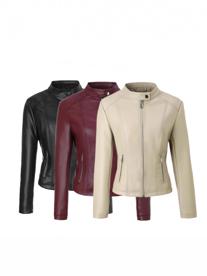 Women’s faux leather moto jackets in black, burgundy, and cream; stand collar; zip front