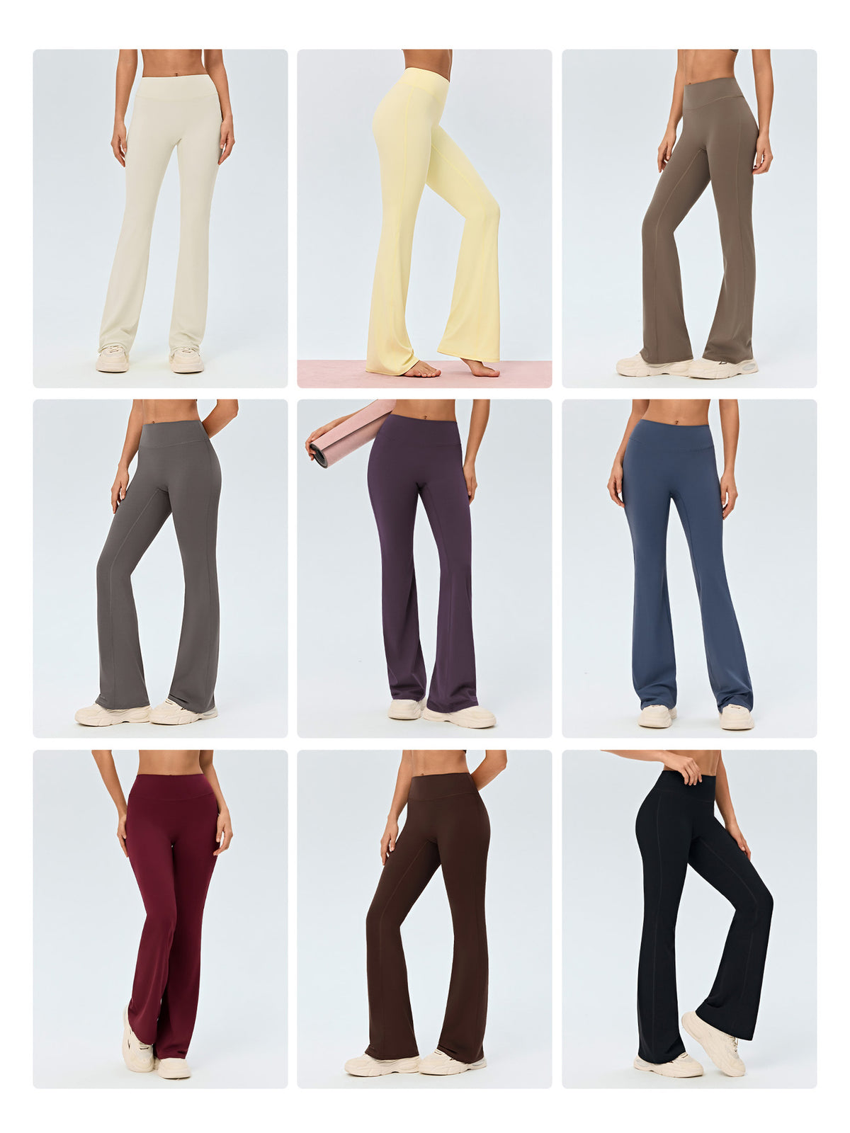 Women’s yoga flared pants in assorted colors, high-rise wide-leg style