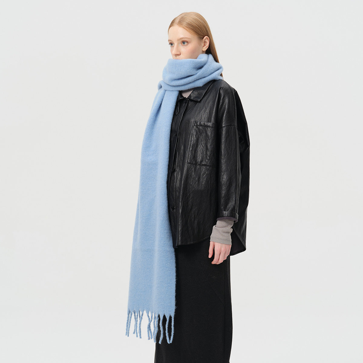 Wool-blend tassel scarf, light blue, fringed ends for winter warmth