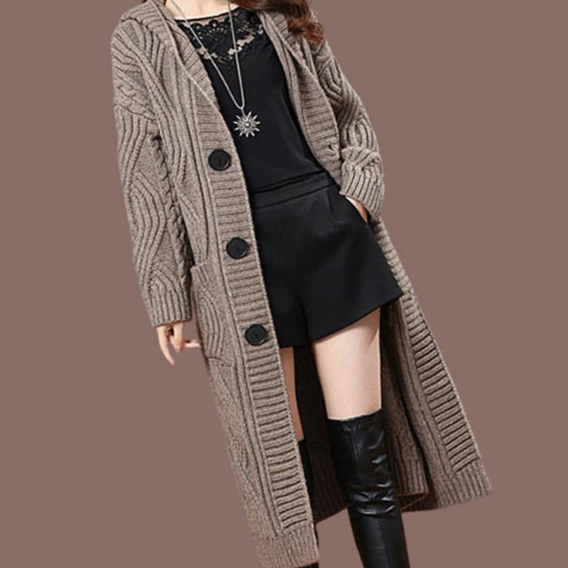 Off-white hooded cable-knit cardigan with button front and patch pockets, mid-length