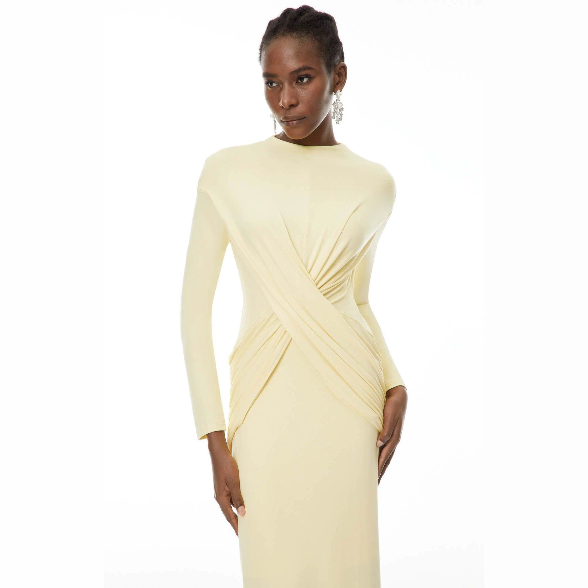 Long Sleeve Maxi Dress — Crossover Draped Waist with High Neck and Back Slit in Jersey