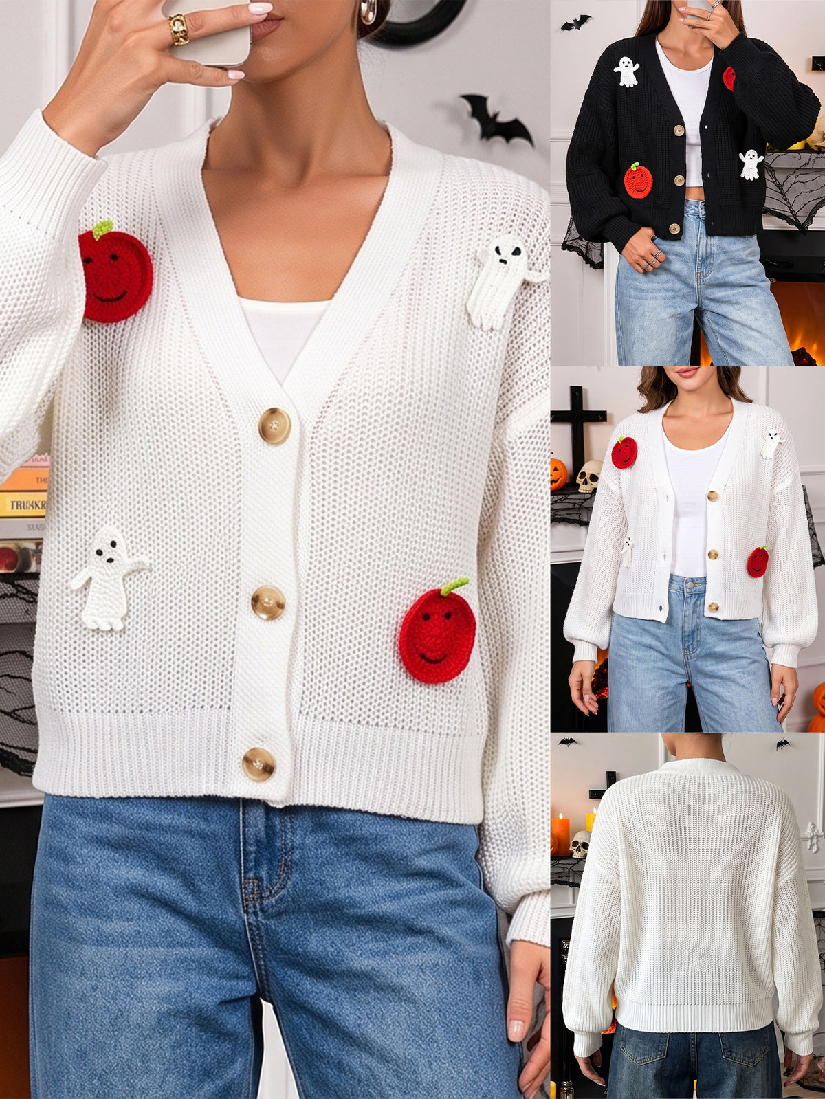 White knit cardigan with button front and red pumpkin & ghost appliques