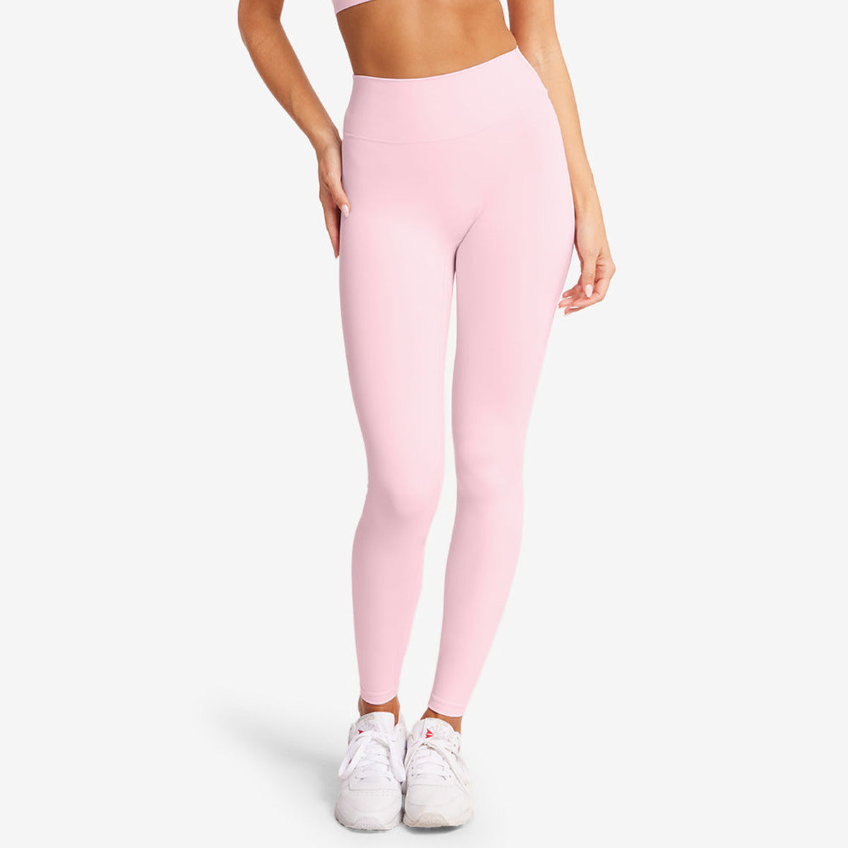 Women's pink high-waist tummy control running leggings, full-length skinny fit