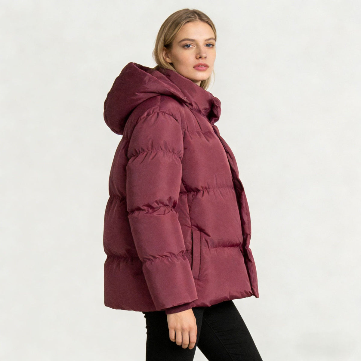 Women’s hooded puffer cotton jacket, quilted wine-red with hooded neckline
