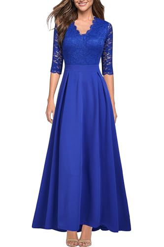 Blue lace long dress with 3/4 sleeves, V-neck, fitted waist, A-line full skirt.